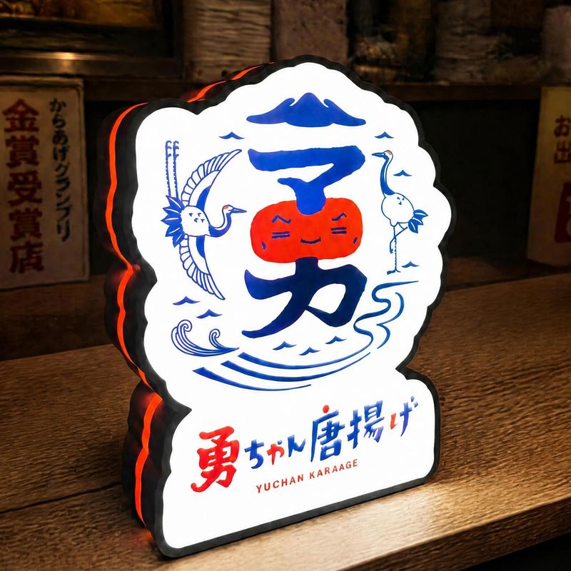 からあげ店のロゴを光らせた店舗サイン